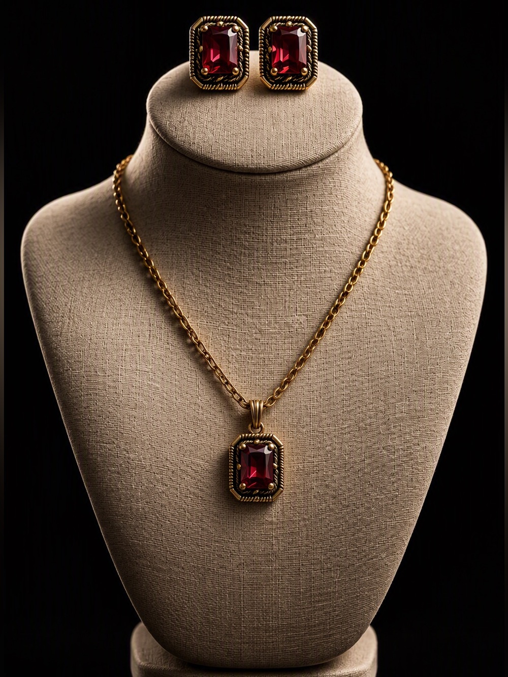 Sarah Coventry Vintage Red Stone Gold Tone Necklace and Clip Earrings Set